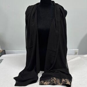 Elegant Black Scarf with Animal Print Trim
